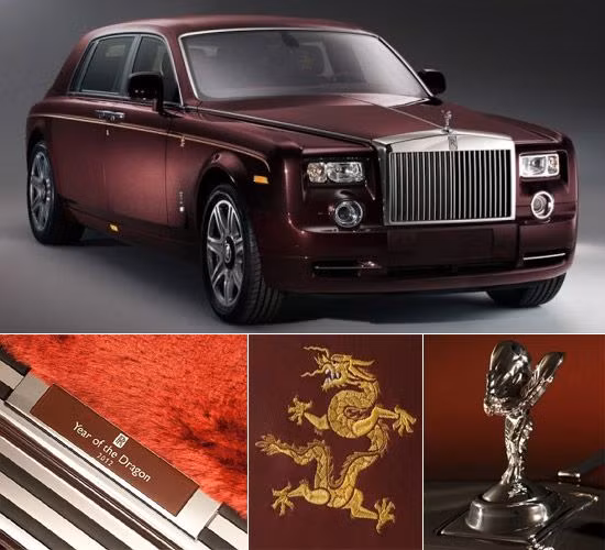 5. Rolls Royce phantom phiên bản năm rồng có giá 1,2 triệu USD. Chiếc xe phiên bản mới này mới được ra mắt khoảng hai tháng trước tại Trung Quốc. Rolls-Royce Phantom Year of the Dragon nổi bật với đường kẻ hoa văn dọc hai bên thân xe. Nội thất da bên trong xe được thêu tay hình rồng, với 4 màu nâu sạm, cát vàng, đen và trắng. Gỗ ốp bên trong quanh khu vực ghế ngồi cũng có hình rồng, kết hợp khéo léo với tên của phiên bản Phantom. Tựa đầu thêu hình rồng, taplô, bậc cửa cũng được khảm hình rồng, cùng dòng chữ Phantom màu vàng và tấm bảng mang dòng chữ "Year of the Dragon 2012" phát sáng dưới ánh đèn LED.