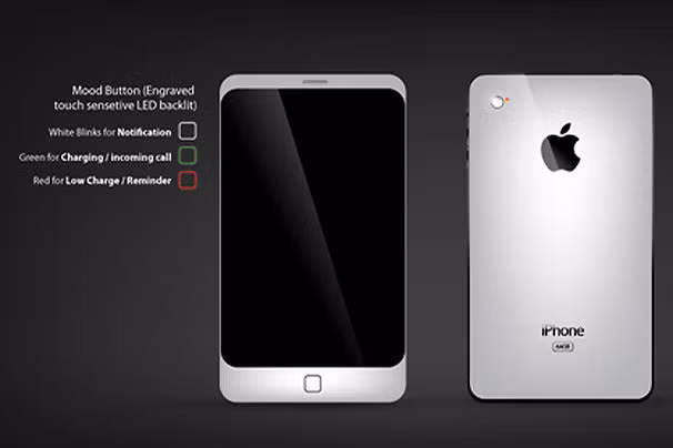 8. iPhone 5 có đèn LED báo trạng thái - Ý tưởng iPhone 5 của Kazi Shahriar Ahmed (Bangladesh) có đèn LED ở nút Home, sẽ nhấp nháy màu trắng khi có thông báo, màu xanh lá cây cho cuộc gọi đến hoặc sạc, màu đỏ khi pin yếu.