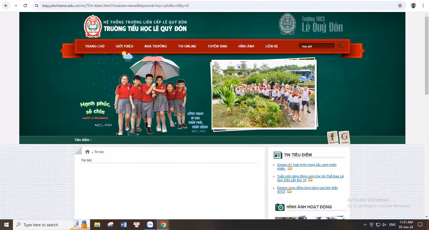 Tìm kiếm bằng từ khoá "học phí" trên website của Trường Tiểu học Lê Quý Đôn (Nam Từ Liêm) không cho ra kết quả nào. Ảnh chụp màn hình ngày 3/6/2024