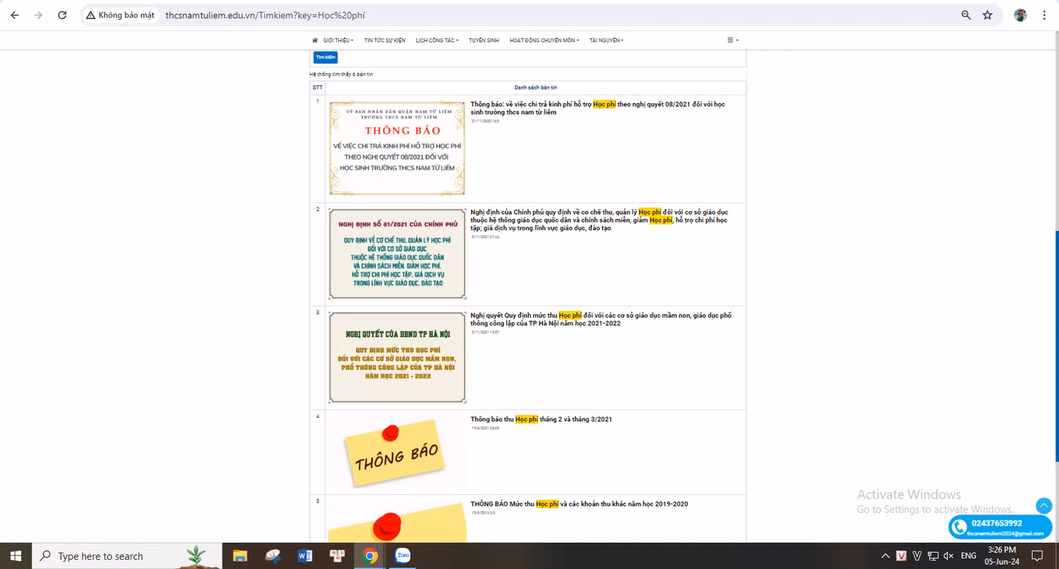 Kết quả tìm kiếm thông tin theo từ khóa "học phí" trên website của Trường Trung học cơ sở Nam Từ Liêm (quận Nam Từ Liêm). Ảnh chụp màn hình