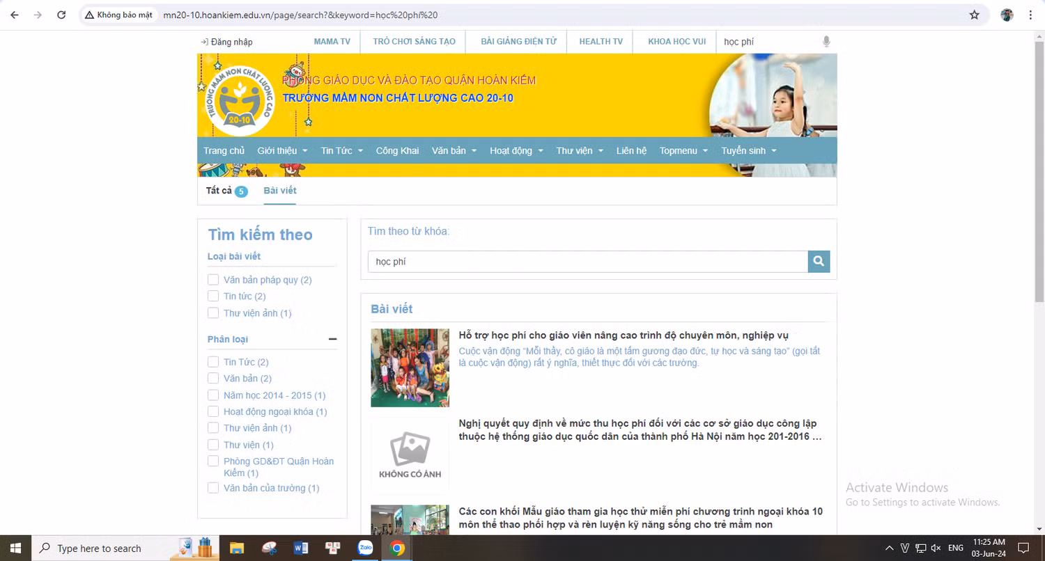 Ảnh chụp màn hình website Trường Mầm non chất lượng cao 20-10 (Hoàn Kiếm) theo từ khoá "học phí". (Ảnh chụp màn hình ngày 3/6/2024)