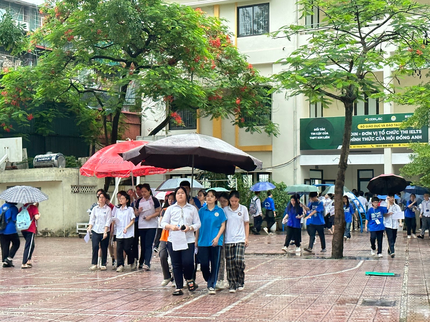 Các tình nguyện viên che ô để đưa thí sinh đến phòng thi. (Ảnh: Đào Hiền)