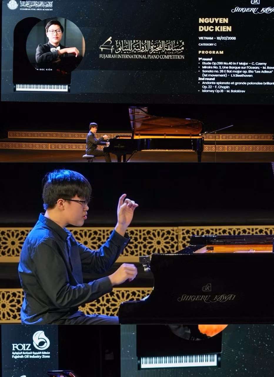 Nguyễn Đức Kiên "phiêu" trên sân khấu bên cây đàn piano.