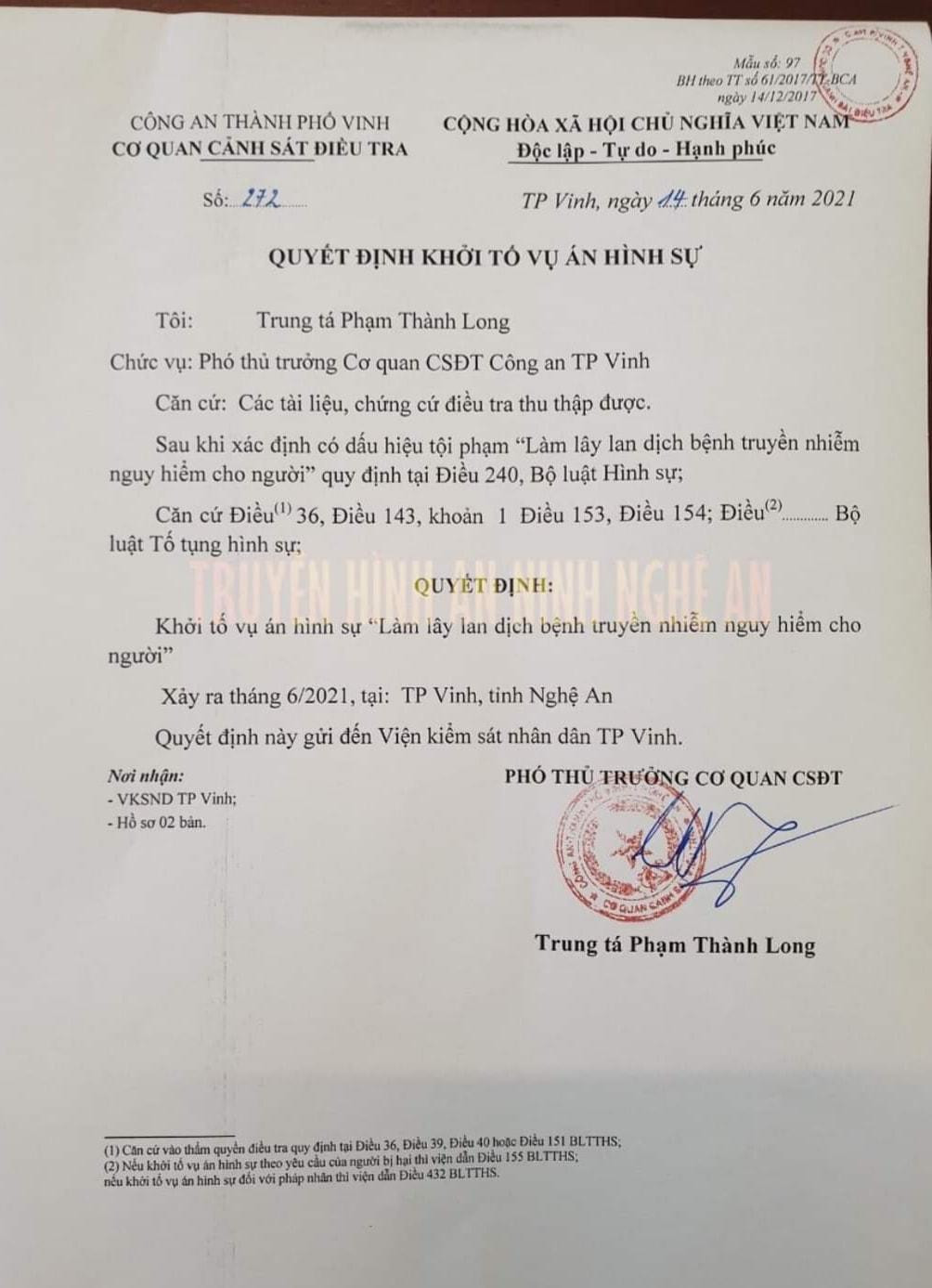 Quyết định khởi tố vụ án Hình sự về tội: "Làm lây lan dịch bệnh truyền nhiễm nguy hiểm cho người" của Cơ quan Cảnh sát điều tra, Công an thành phố Vinh. Ảnh: Công an Nghệ An Quyết định khởi tố vụ án Hình sự về tội: "Làm lây lan dịch bệnh truyền nhiễm nguy hiểm cho người" của Cơ quan Cảnh sát điều tra, Công an thành phố Vinh. Ảnh: Công an Nghệ An