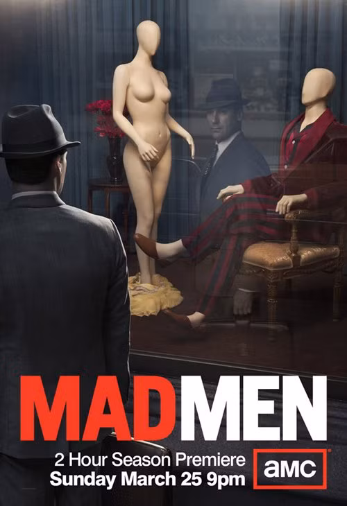 Phim truyền hình "Mad Men" phần 5 vừa cho ra poster mới đầy ấn tượng với nhân vật Don Draper (Jon Hamm đóng) đứng trước tấm kính, bên trong là tượng người... khỏa thân.