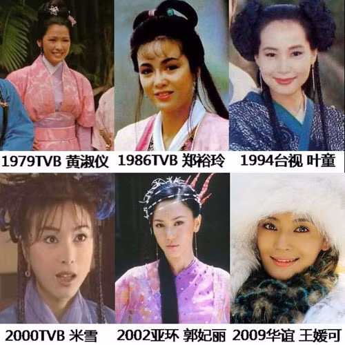 Nàng Ân Tố Tố qua sự thể hiện của các mỹ nhân trong các phiên bản Ỷ Thiên Đồ Long Ký qua các thời kỳ (Từ trái qua): Ân Tố Tố 1979, Trịnh Tố Linh 1986, Diệp Đồng 1994, Mễ Tuyết 2000, Quách Phi Lệ 2003 và 2009.