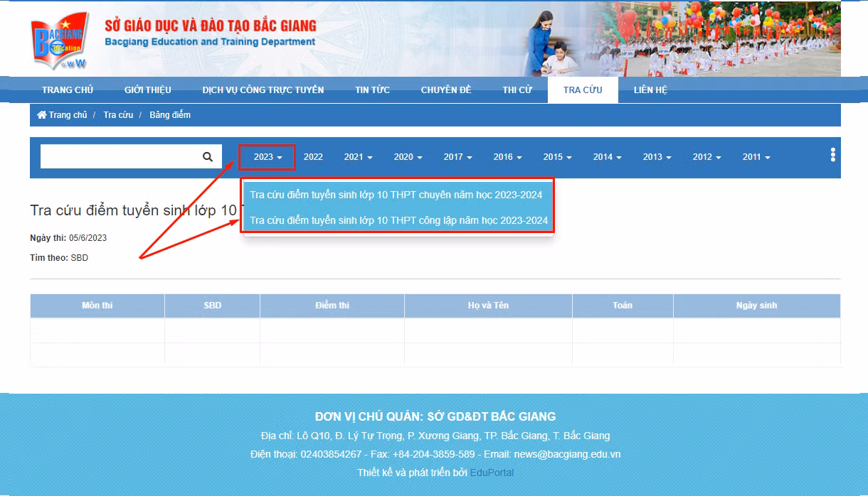 Bước 2: Thí sinh chọn năm 2023 và chọn kỳ thi tương ứng trong danh sách các kỳ thi của năm 2023 Bước 2: Thí sinh chọn năm 2023 và chọn kỳ thi tương ứng trong danh sách các kỳ thi của năm 2023