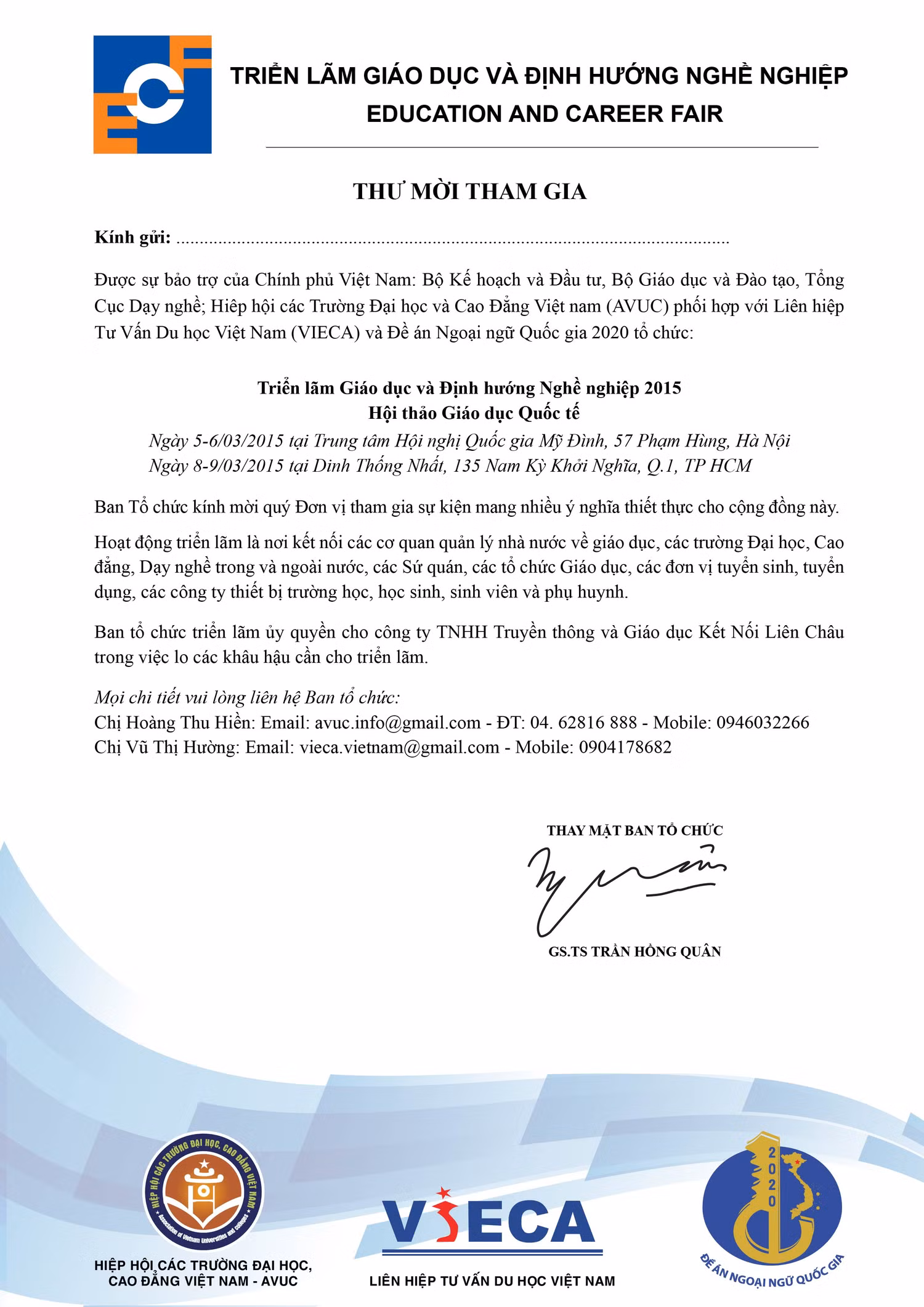 Thư mời tham gia Triển lãm Giáo dục và Định hướng Nghề nghiệp 2015 ảnh 1 Thư mời tham gia Triển lãm Giáo dục và Định hướng Nghề nghiệp 2015 ảnh 1