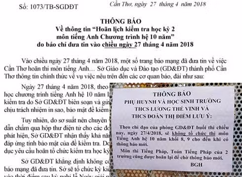 Thông Báo của Sở Giáo dục và Đào tạo và Bảng thông báo hoãn thi trước Trường Trung học Cơ sở Lương Thế Vinh. (Ảnh: H.L)