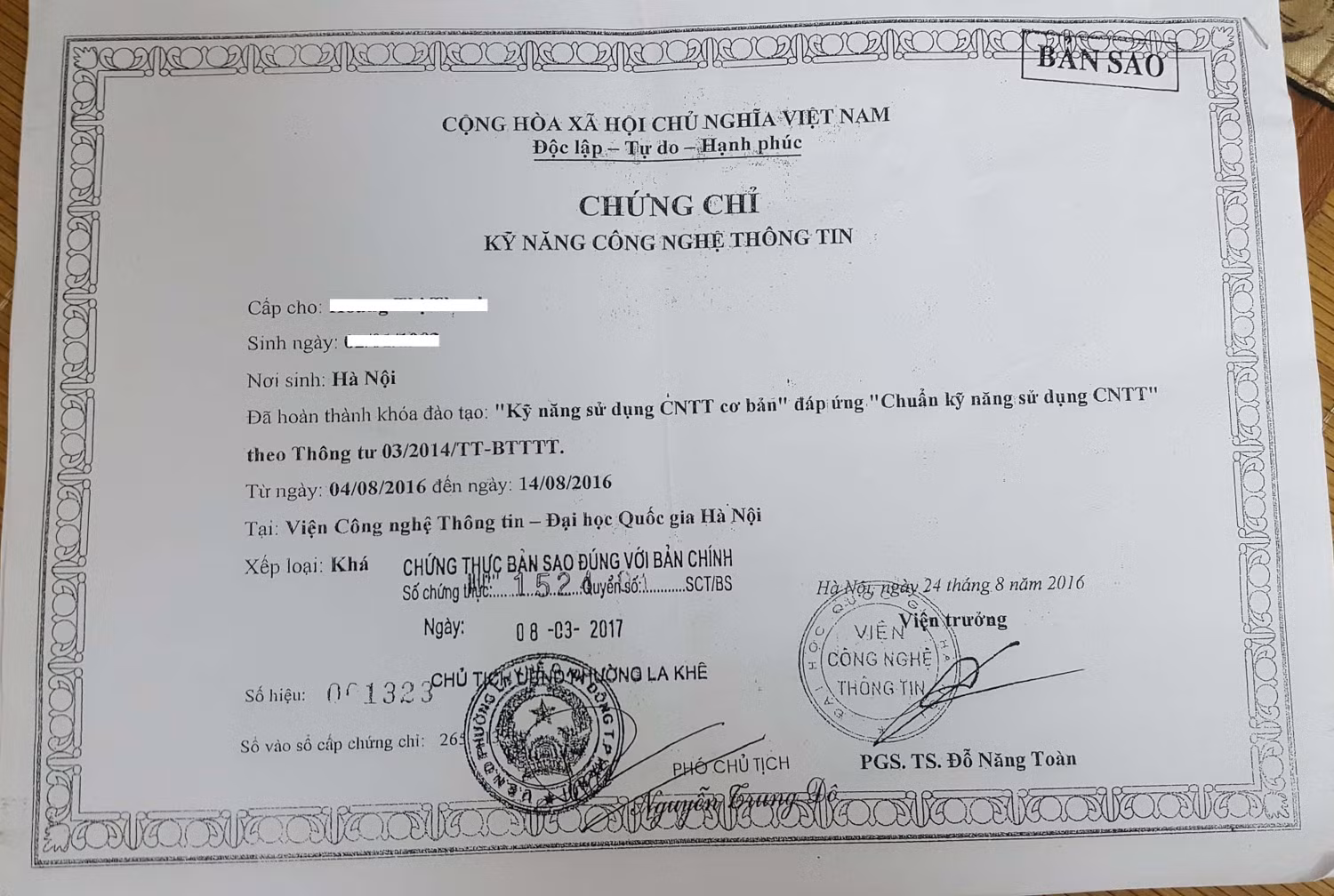 Chứng chỉ kỹ năng công nghệ thông tin do Viện Công nghệ thông tin Đại học Quốc gia cấp (ảnh tư liệu). Chứng chỉ kỹ năng công nghệ thông tin do Viện Công nghệ thông tin Đại học Quốc gia cấp (ảnh tư liệu).