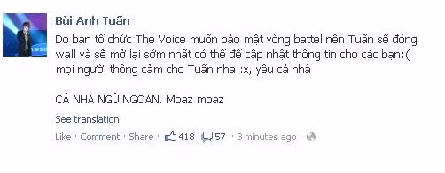 Nhằm bảo đảm tính bí mật cho The Voice Việt, BTC đã yêu cầu 56 thí sinh của 4 team Hồ Ngọc Hà, Thu Minh, Đàm Vĩnh Hưng, Trần Lập khóa Facebook (khóa Wall, Comment) từ 0h ngày 6/8 cho đến ngày 19/8 - ngày phát sóng tập 1 của Vòng Đối Đầu. Nhằm bảo đảm tính bí mật cho The Voice Việt, BTC đã yêu cầu 56 thí sinh của 4 team Hồ Ngọc Hà, Thu Minh, Đàm Vĩnh Hưng, Trần Lập khóa Facebook (khóa Wall, Comment) từ 0h ngày 6/8 cho đến ngày 19/8 - ngày phát sóng tập 1 của Vòng Đối Đầu.