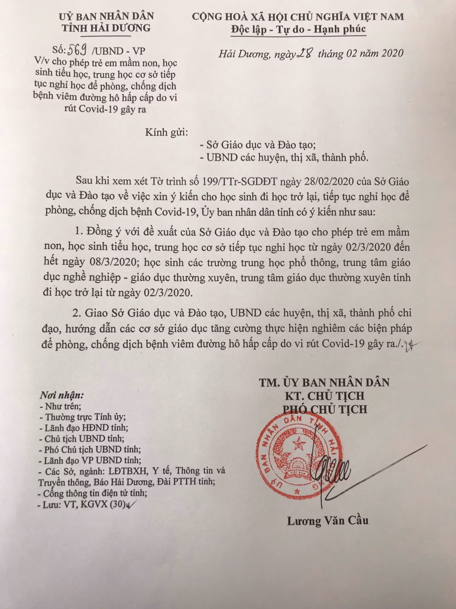 Văn bản của Ủy ban nhân dân tỉnh Hải Dương tiếp tục cho học sinh nghỉ học (Ảnh: LT)