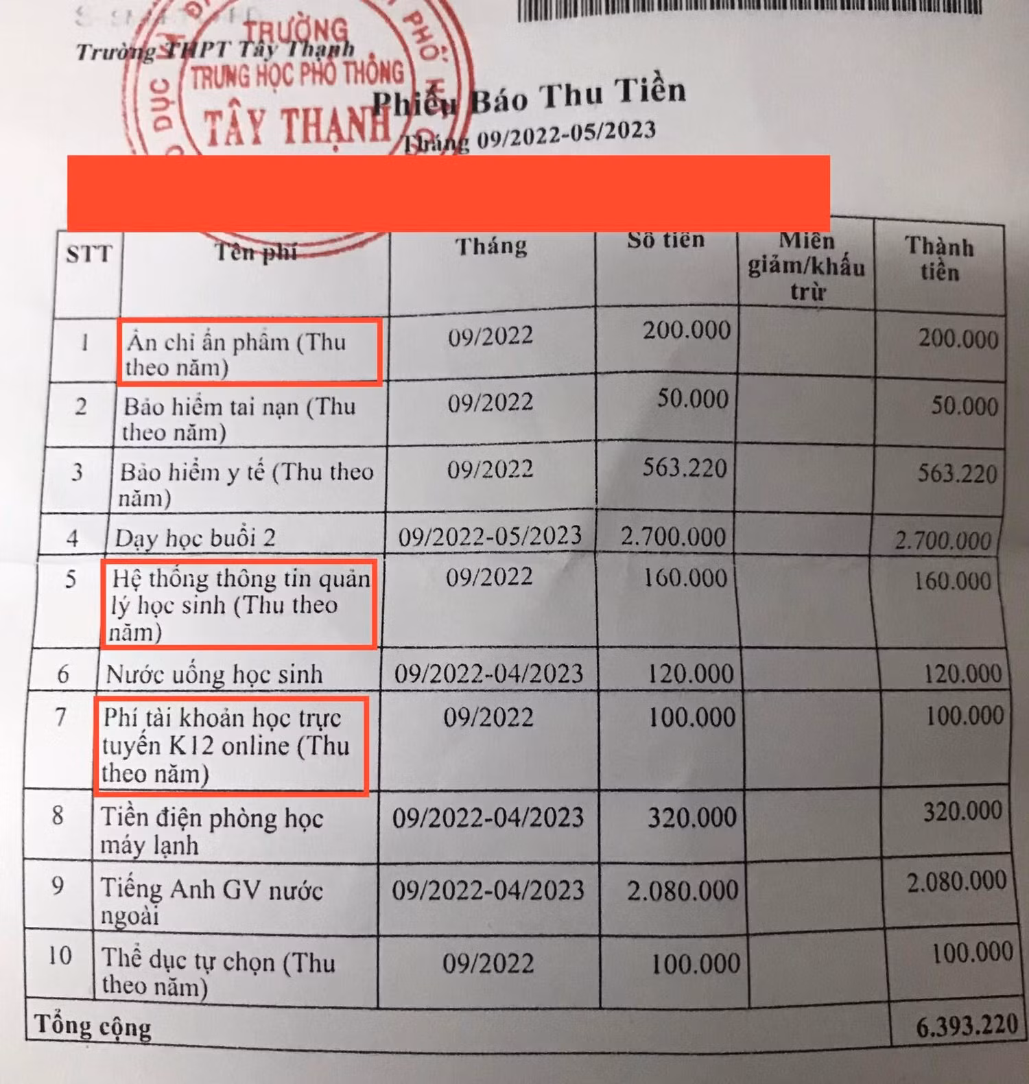 Nhiều khoản thu được cho là không hợp lý của Trường Trung học phổ thông Tây Thạnh. (Ảnh: Phụ huynh cung cấp)