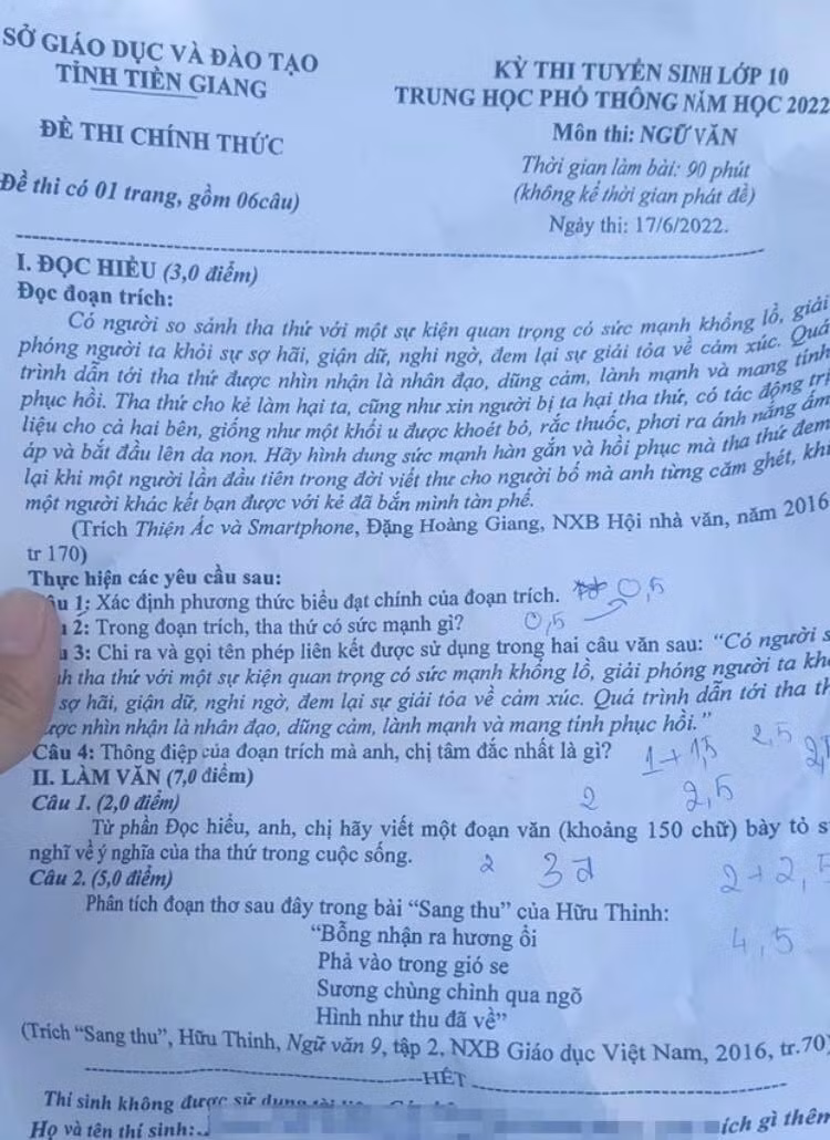 Đề thi tuyển sinh 10 môn Ngữ văn tỉnh Tiền Giang năm 2022. (Ảnh: giadinhmoi.vn)