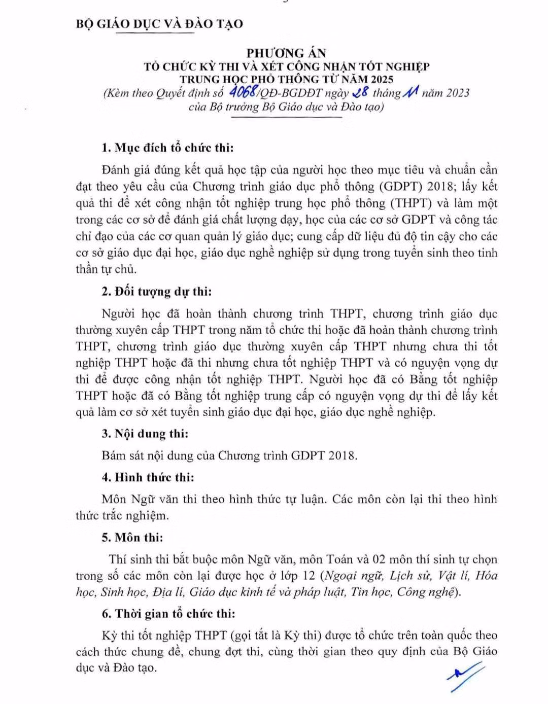 Phương án tổ chức kì thi và xét công nhận tốt nghiệp từ 2025. (Ảnh chụp màn hình)