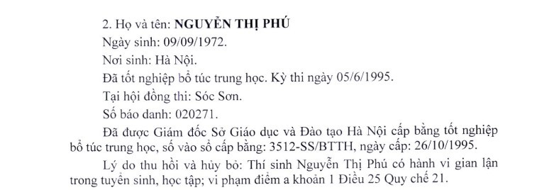 Hà Nội quyết định thu hồi và hủy bỏ 2 bằng tốt nghiệp trung học phổ thông của người học là ông Nguyễn Văn Quân và bà Nguyễn Thị Phú. Hà Nội quyết định thu hồi và hủy bỏ 2 bằng tốt nghiệp trung học phổ thông của người học là ông Nguyễn Văn Quân và bà Nguyễn Thị Phú.