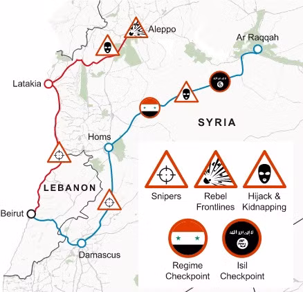 Tuyến đường nguy hiểm từ Beirut tới Aleppo và từ Beirut tới Raqqa.