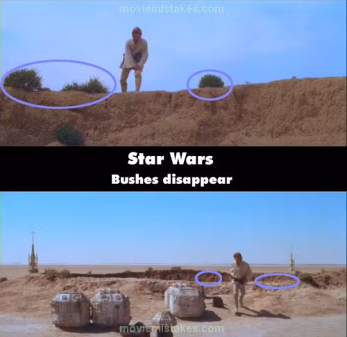 Phim Star Wars (Cuộc chiến giữa các vì sao), khi Aunt Beru nói với Luke về việc mua rô bốt, có nhiều cây bụi ở bên cạnh anh. Nhưng ở cảnh sau, những cây bụi này đã biến mất