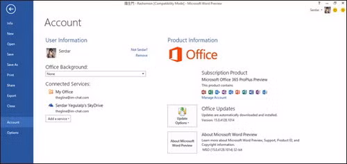 Khung tài khoản hiển thị tất cả các dịch vụ bao gồm của Microsoft và các hãng khác như Flickr, YouTube và LinkedIn kết nối đến Office - Ảnh: InfoWorld Khung tài khoản hiển thị tất cả các dịch vụ bao gồm của Microsoft và các hãng khác như Flickr, YouTube và LinkedIn kết nối đến Office - Ảnh: InfoWorld