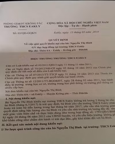 Quyết định 03 trả lời các khiếu nại của cô Nguyễn Thị Bình từ Trường Eakly (ảnh: P.L)
