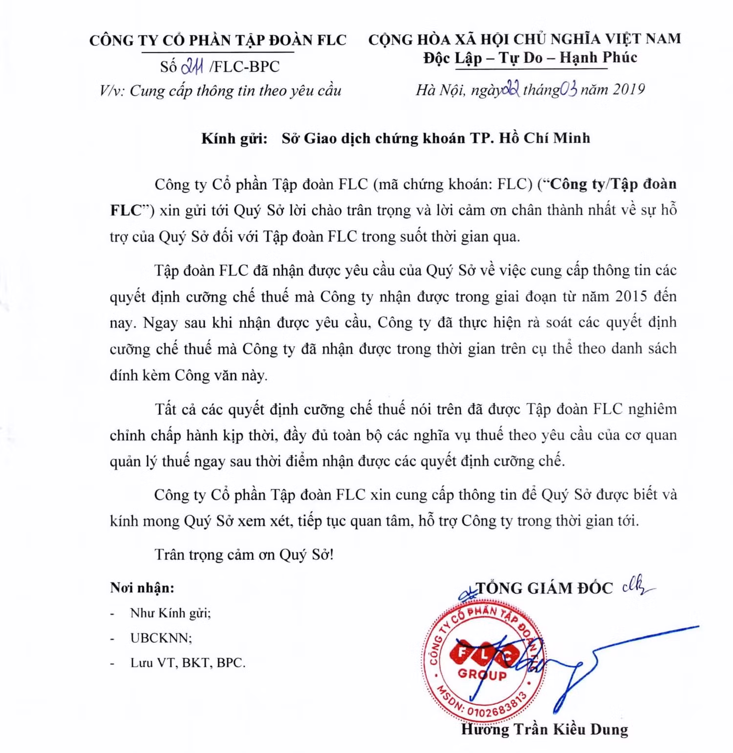 Văn bản Tập đoàn FLC gửi Sở giao dịch chứng khoán Thành phố Hồ Chí Minh. Ảnh: Chụp văn bản. Văn bản Tập đoàn FLC gửi Sở giao dịch chứng khoán Thành phố Hồ Chí Minh. Ảnh: Chụp văn bản.
