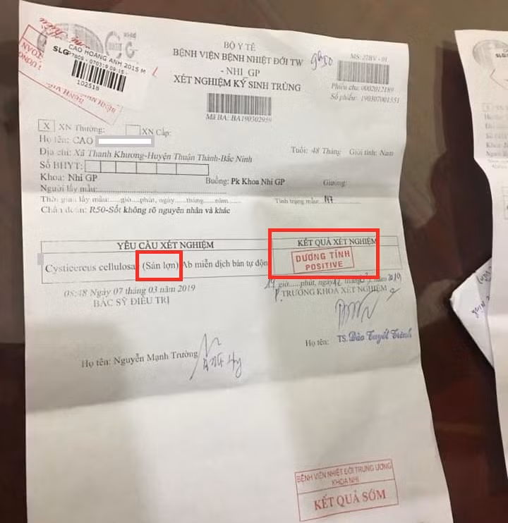 Kết quả xét nghiệm con anh N. đang theo học tại Trường mầm non Thanh Khương bị nhiễm sán lợn. Ảnh: NVCC. Kết quả xét nghiệm con anh N. đang theo học tại Trường mầm non Thanh Khương bị nhiễm sán lợn. Ảnh: NVCC.
