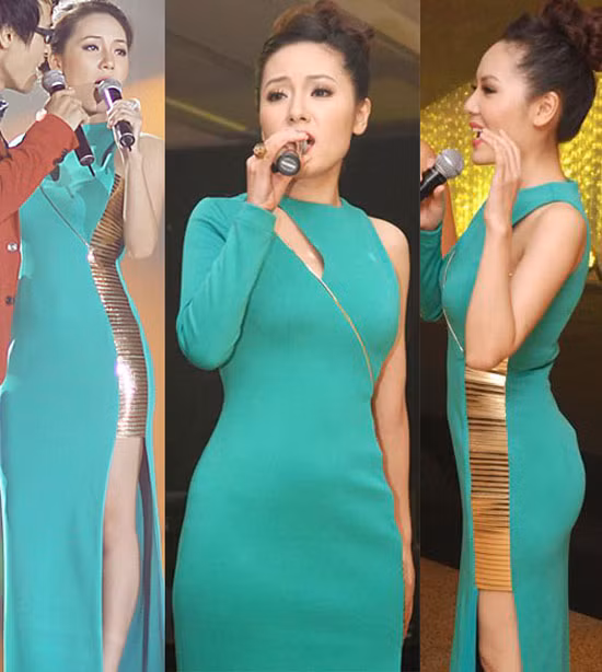 Làn da trắng của Phương Linh càng nổi bật khi cô diện váy xanh