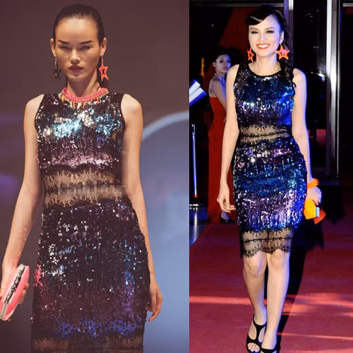 6. Chiếc váy sequin tông xanh, tím được nhấn bởi lớp ren mỏng phần bụng, đùi rất đẹp mắt đã khiến Tuyết Lan và Diễm Hương vô cùng nổi bật