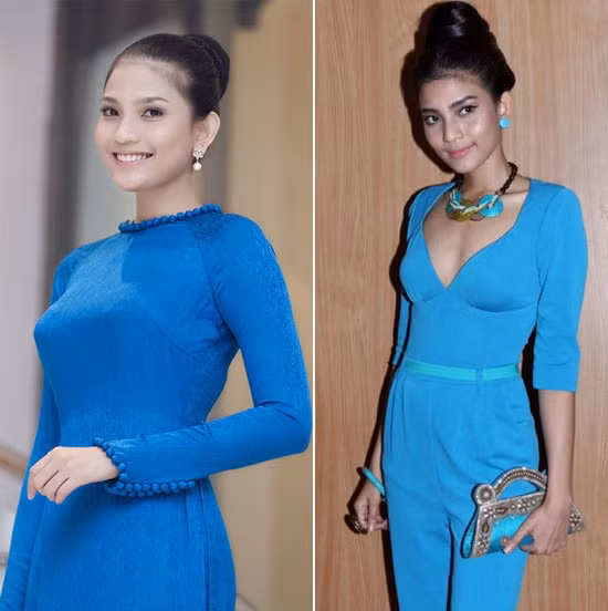 Dù là áo dài hay jumpsuit thì Trương Thị May rất khéo léo kết hợp phụ kiện để tạo nét cuốn hút nhất. Làn da nâu của cô càng tươi sáng hơn khi diện màu xanh ngọt ngào