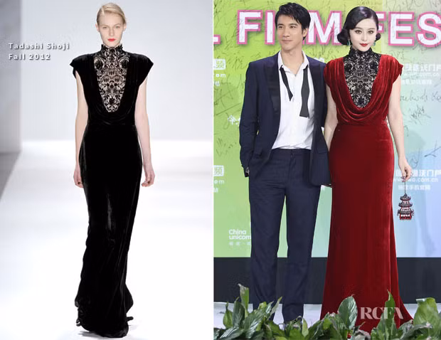 Chiếc đầm nhung hiệu Tadashi Shoji thêm đậm nét phương Đông khi đi cùng nó là chiếc xắc tay hình ngôi chùa xinh xắn. Quả là một sự phối hợp vô cùng khéo léo!