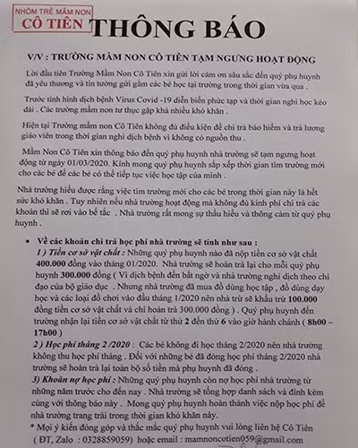 Thông báo của Trường mầm non Cô Tiên ở huyện Long Thành, tỉnh Đồng Nai (ảnh: P.L)