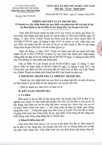 Trích thông báo kết luận thanh tra số 21 của Thanh tra Thành phố Hồ Chí Minh (ảnh: P.L)