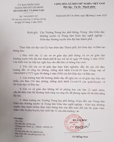 Trích văn bản 749 của Sở Giáo dục và Đào tạo Thành phố Hồ Chí Minh, do Giám đốc ký ngày 6/3/2020 (ảnh: P.L)