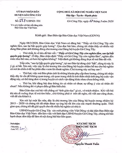 Văn bản 587 của Phó Chủ tịch Ủy ban nhân dân huyện Gò Công Tây ký ngày 17/3/2020 (ảnh: P.L)