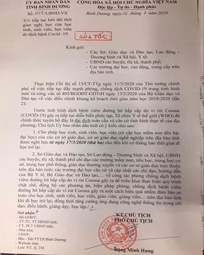 Văn bản 1119 của Ủy ban nhân dân tỉnh Bình Dương ký ngày 16/3/2020 (ảnh: P.L) Văn bản 1119 của Ủy ban nhân dân tỉnh Bình Dương ký ngày 16/3/2020 (ảnh: P.L)