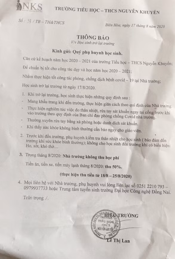 Thông báo tập trung học sinh trở lại của trường Nguyễn Khuyến (ảnh: CTV)