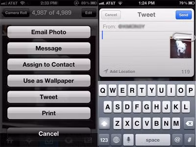 “Tweet” ảnh trực tiếp từ Camera Roll: Chọn lấy một tấm hình trong Camera Roll, nhìn xuống phía dưới bạn sẽ thấy một mũi tên hướng lên. Bấm vào đó, một menu nhỏ hiện ra. Chọn “Tweet”, một menu nữa hiện ra với tấm hình đính kèm ở góc phải. Viết một điều gì đó rồi đưa chúng lên trang tweeter của mình. Thật nhanh chóng phải không nào. “Tweet” ảnh trực tiếp từ Camera Roll: Chọn lấy một tấm hình trong Camera Roll, nhìn xuống phía dưới bạn sẽ thấy một mũi tên hướng lên. Bấm vào đó, một menu nhỏ hiện ra. Chọn “Tweet”, một menu nữa hiện ra với tấm hình đính kèm ở góc phải. Viết một điều gì đó rồi đưa chúng lên trang tweeter của mình. Thật nhanh chóng phải không nào.