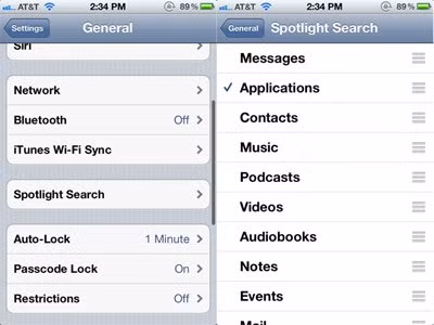 Tăng tốc iPhone bằng cách thiết lập tìm kiếm Spotlight: Spotlight quả là một công cụ tìm kiếm hữu ích trong iPhone nhưng nếu như để mặc định, nó sẽ tự động tìm kiếm trong toàn bộ máy và khiến bạn mất thêm nhiều thời gian hơn. Vì thế, hãy tùy chọn khu vực bạn muốn tìm kiếm, bạn sẽ không còn phải chờ lâu như trước nữa. Các bước thực hiện như sau: chọn Settings>General>Spotlight Search. Tăng tốc iPhone bằng cách thiết lập tìm kiếm Spotlight: Spotlight quả là một công cụ tìm kiếm hữu ích trong iPhone nhưng nếu như để mặc định, nó sẽ tự động tìm kiếm trong toàn bộ máy và khiến bạn mất thêm nhiều thời gian hơn. Vì thế, hãy tùy chọn khu vực bạn muốn tìm kiếm, bạn sẽ không còn phải chờ lâu như trước nữa. Các bước thực hiện như sau: chọn Settings>General>Spotlight Search.