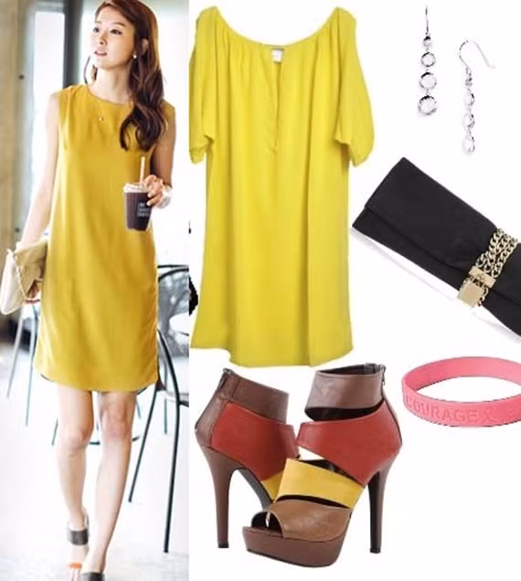 Váy liền màu vàng kết hợp cùng giày cao gót và một số phụ kiên đi kèm.