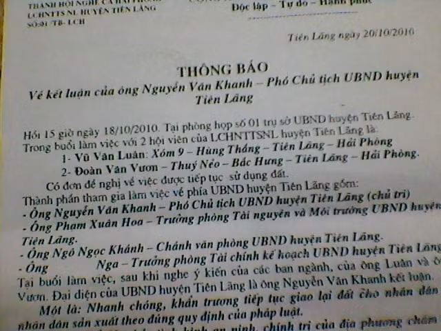 Một trong những văn bản cho thấy ông Khanh đã từng phản đối quyết định thu hồi đất ở Tiên Lãng.