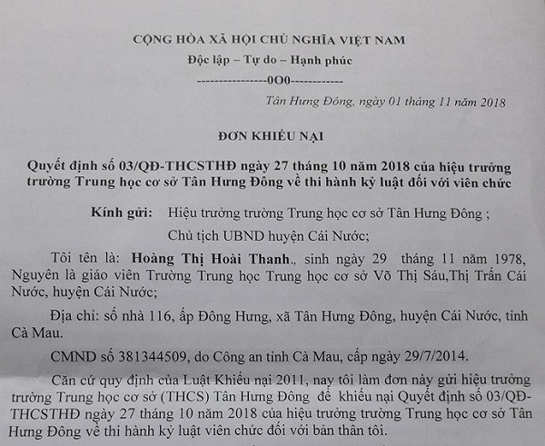 Những bất thường trong việc xử lý kỷ luật cô giáo Cà Mau