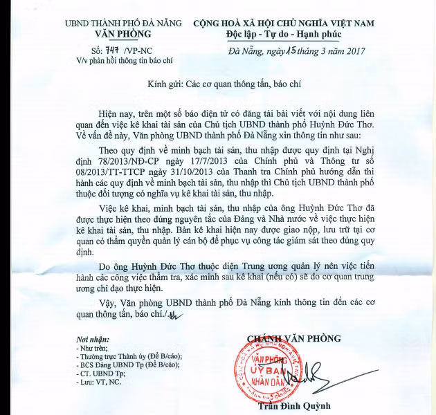 Công văn phản hồi thông tin báo chí của Văn phòng Ủy ban nhân dân thành phố Đà Nẵng. Ảnh: TT Công văn phản hồi thông tin báo chí của Văn phòng Ủy ban nhân dân thành phố Đà Nẵng. Ảnh: TT