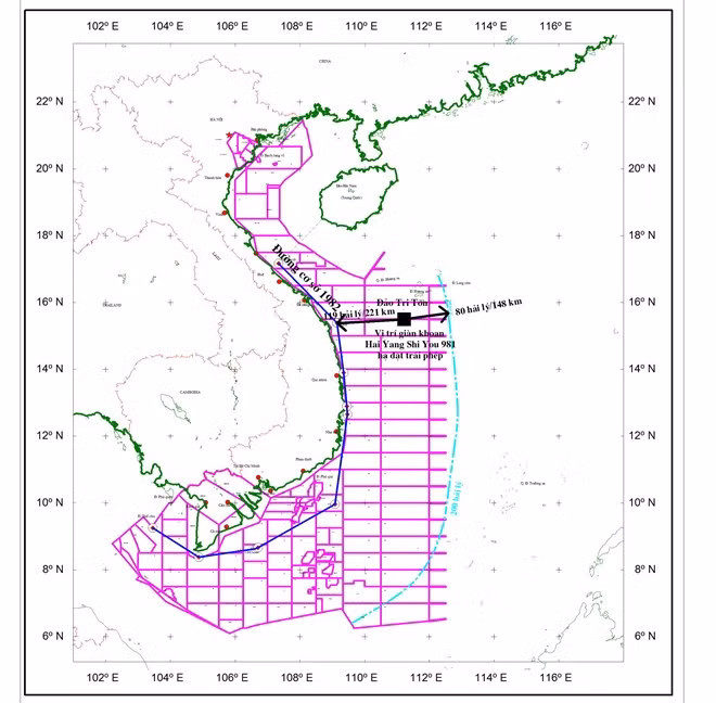 Bản đồ minh họa vị trí giàn khoan 981 của Trung Quốc hạ đặt trái phép trong vùng đặc quyền kinh tế, thềm lục địa Việt Nam. (Nguồn: Tập đoàn Dầu khí Việt Nam). Bản đồ minh họa vị trí giàn khoan 981 của Trung Quốc hạ đặt trái phép trong vùng đặc quyền kinh tế, thềm lục địa Việt Nam. (Nguồn: Tập đoàn Dầu khí Việt Nam).