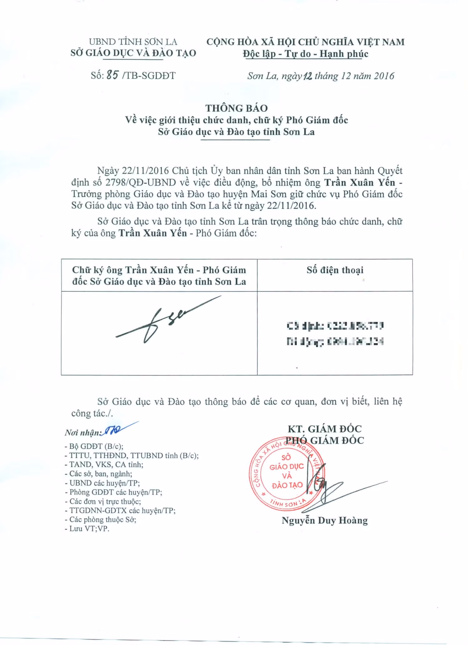 Ông Trần Xuân Yến nhận quyết định bổ nhiệm Phó giám đốc Sở Giáo dục và Đào tạo tỉnh Sơn La mới gần 2 năm. Ảnh: Chụp từ thông báo.