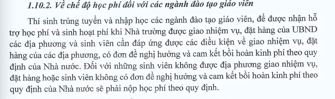 Chế độ học phí đối với ngành đào tạo giáo viên. Ảnh chụp màn hình từ đề án tuyển sinh của Trường Đại học Thủ đô Hà Nội.