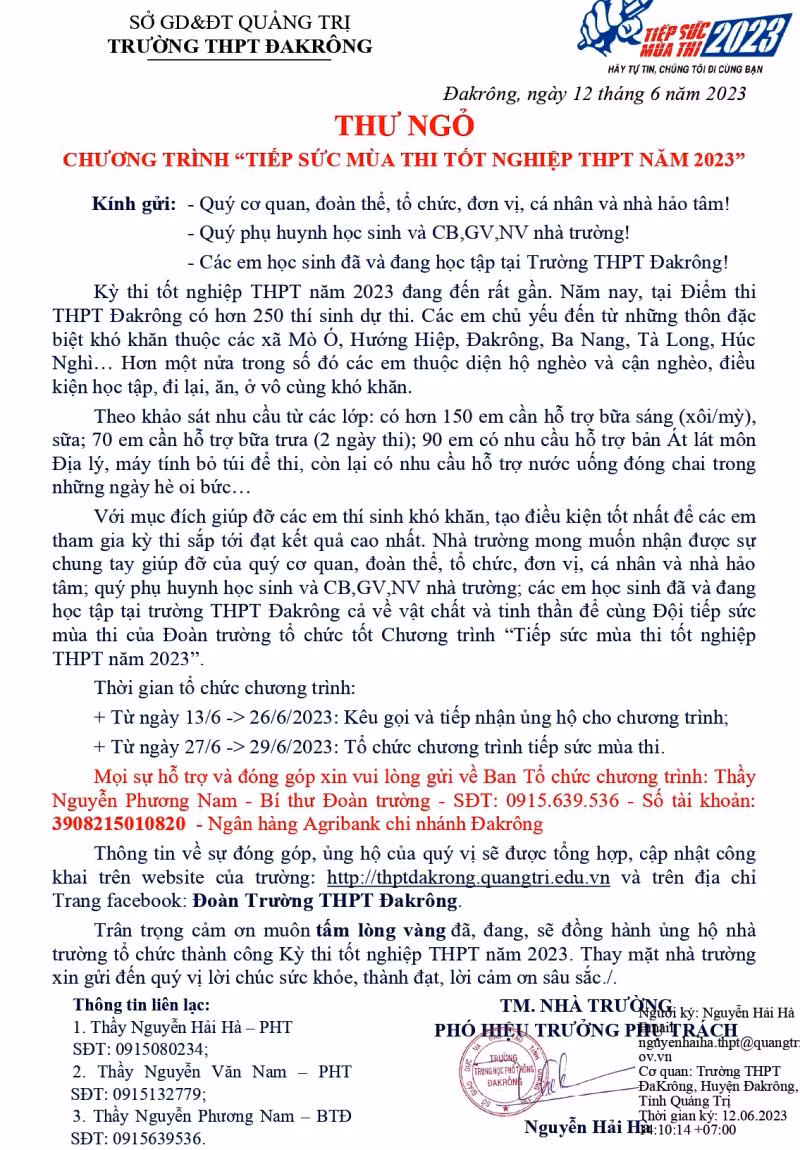 Thư ngỏ của trường Trung học phổ thông Đakrông (Quảng Trị)