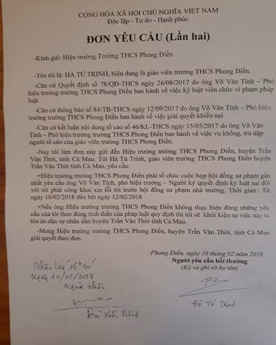 Đơn yêu cầu (lần 2) ông Võ Văn Tính phải xin lỗi cô Trinh công khai (ảnh: P.L) Đơn yêu cầu (lần 2) ông Võ Văn Tính phải xin lỗi cô Trinh công khai (ảnh: P.L)