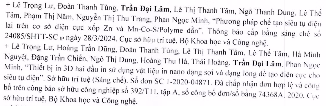 Danh mục một số công trình khoa học, bằng độc quyền sáng chế, giải pháp hữu ích trong 5 năm trở lại đây của Giáo sư Trần Đại Lâm (ảnh chụp màn hình bản kê khai của thầy Lâm)