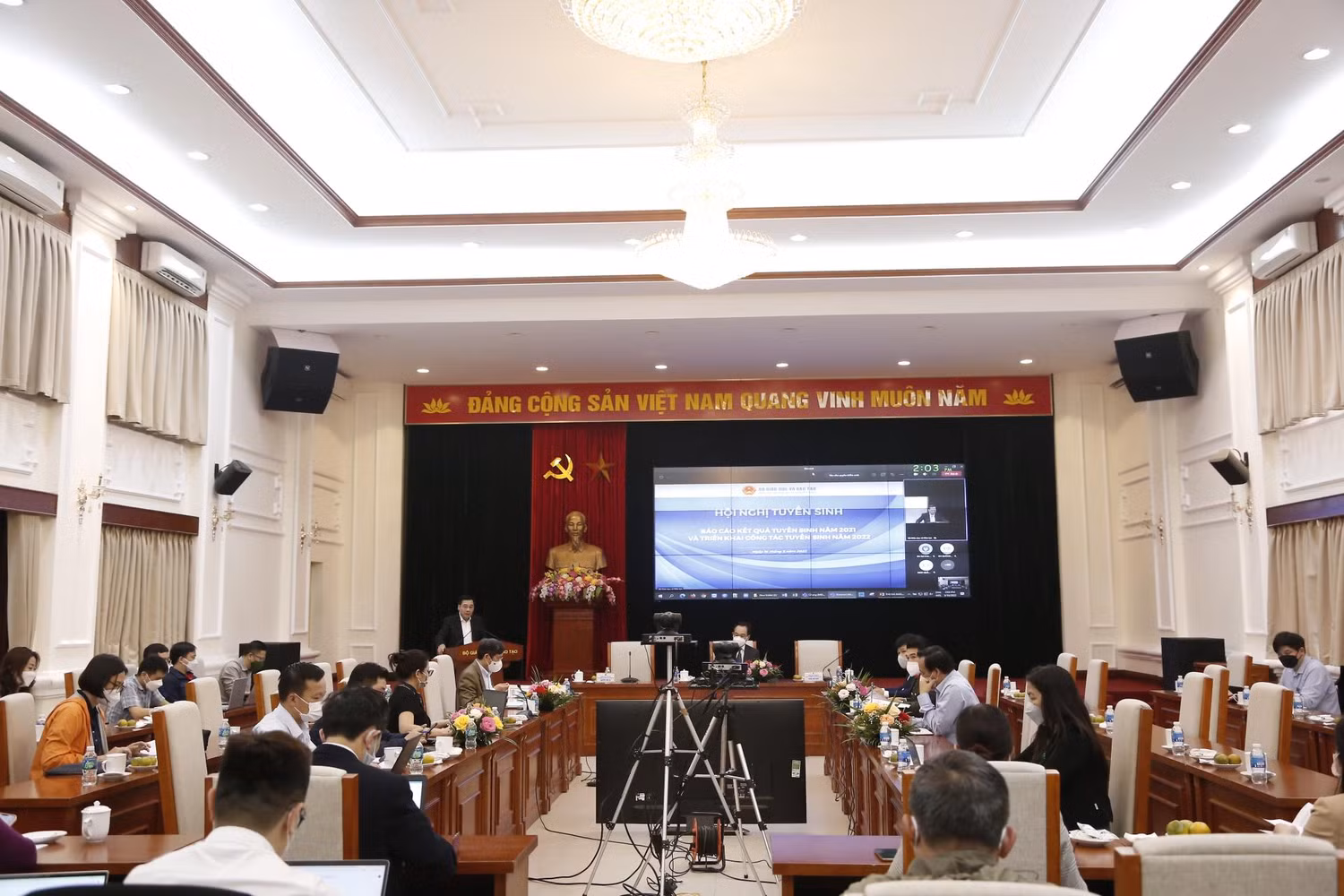 Toàn cảnh Hội nghị trực tuyến tuyển sinh cao đẳng ngành Giáo dục Mầm non, tuyển sinh đại học năm 2022. (Ảnh: Hoài Ân)