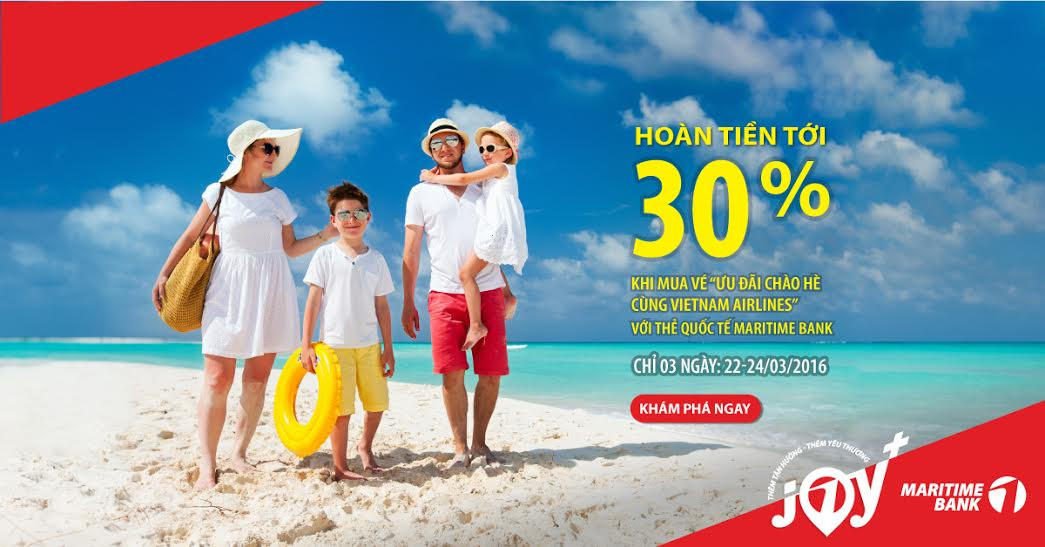 Một trong những chương trình khuyến mãi đang “hot” nhất hiện nay là hoàn tiền 30% trên giá vé đã giảm của Vietnam Airlines dành cho các khách hàng thanh toán bằng thẻ tín dụng Maritime Bank Master Card.